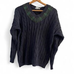 Jamie Scott Women's L Vintage 90s Navy Cable Knit Green Plaid Cabincore Sweater